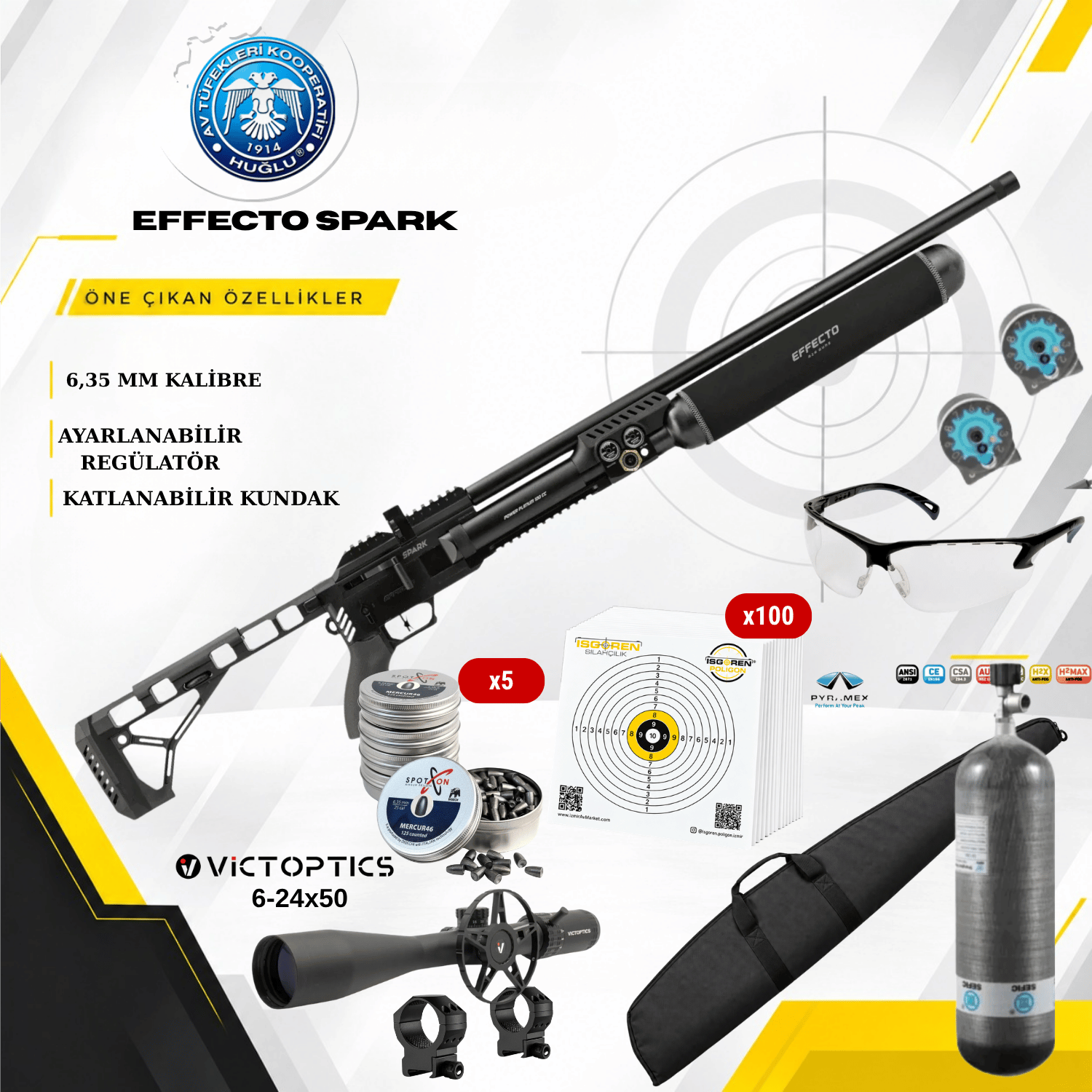 Huğlu Effecto Spark CR 700 6.35mm .25cal 60CM Siyah Havalı Tüfek Seti
