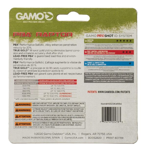 Gamo .22 Hava Tüfeği Silahı Supersonic PBA Raptor Gold Güç Pelet 5.5mm ve BSA için