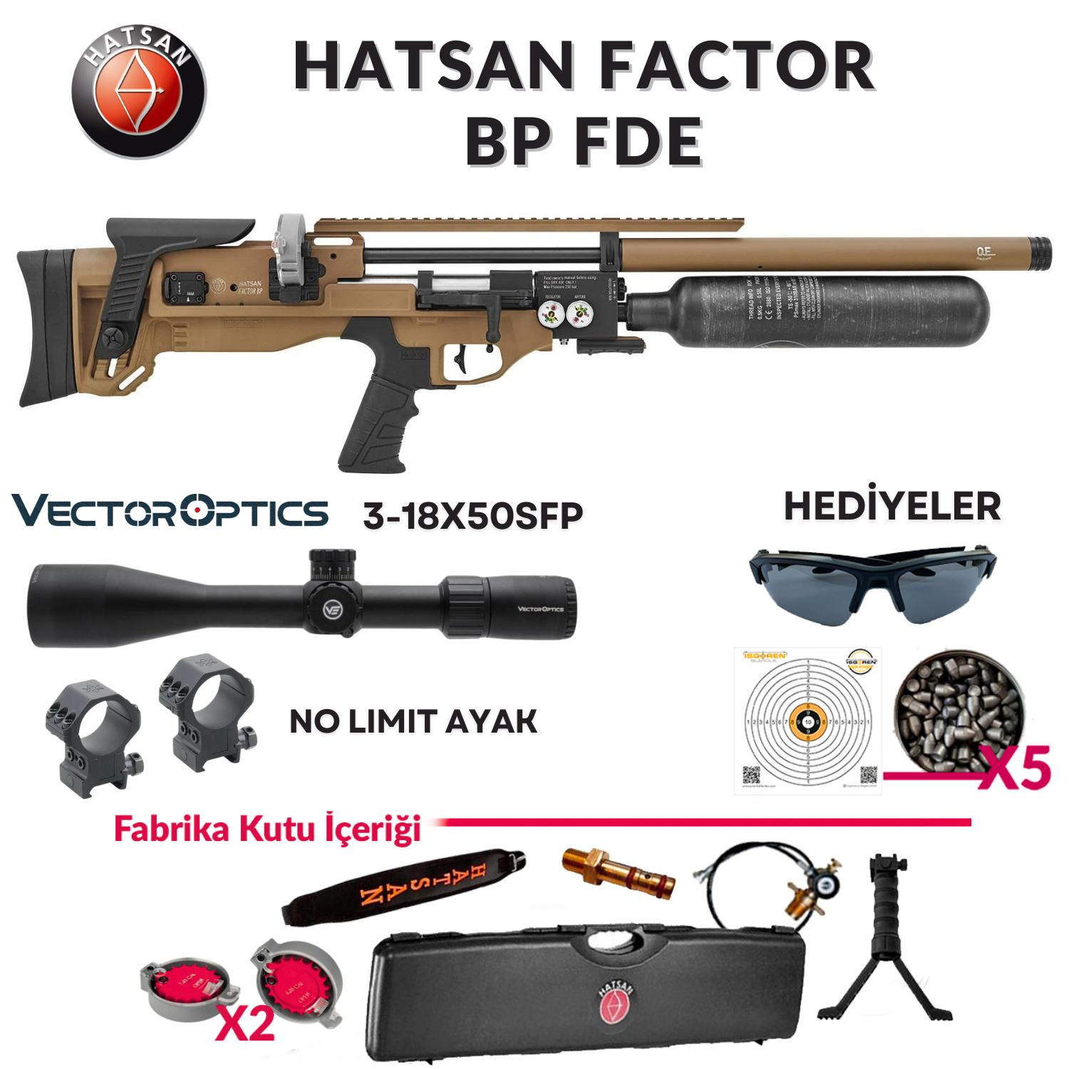 HATSAN PCP HAVALI TÜFEK FACTOR BP FDE 5,5 mm Vector Optics Everest 3-18x50SFP Gen II Kampanya