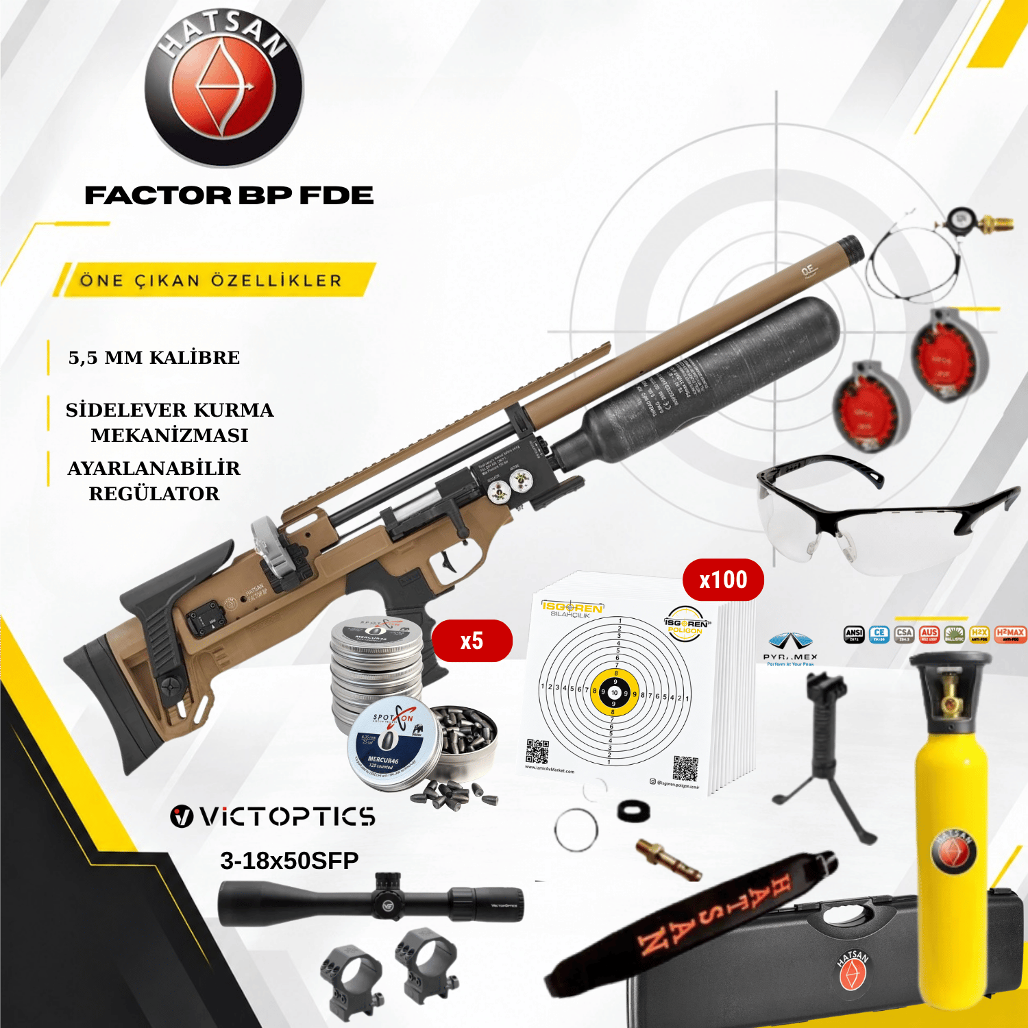 HATSAN PCP HAVALI TÜFEK FACTOR BP FDE 5.5mm Vector Optics Everest 3-18x50SFP Gen II Kampanya