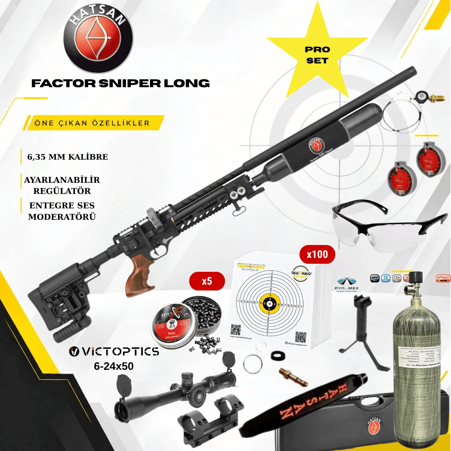 Hatsan Factor Sniper Long 6,35mm Carbon Tüplü PRO Havalı Tüfek Seti