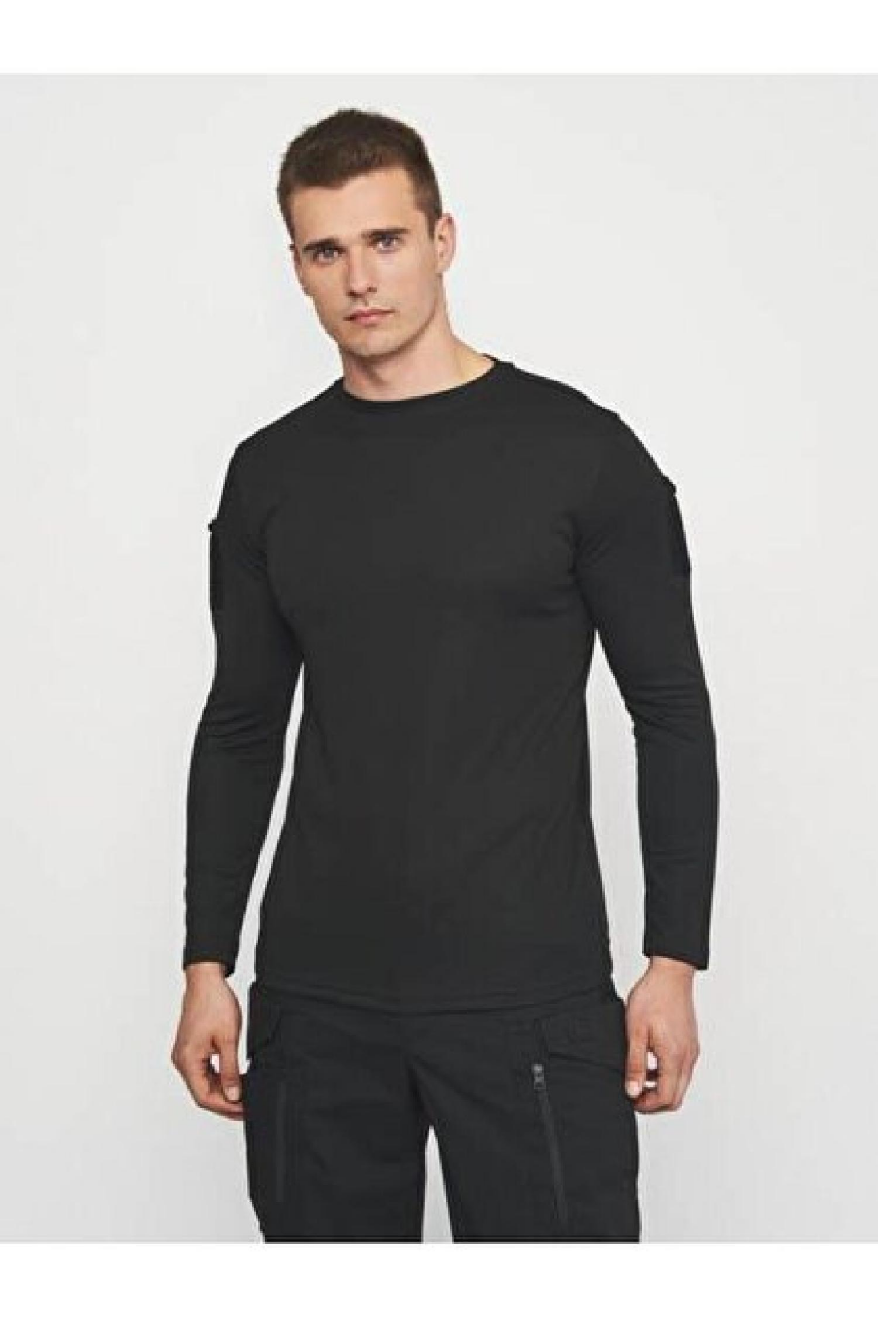 Single Sword SS Yakasız Uzun Kol Tişört – LACOS Kumaş - Siyah