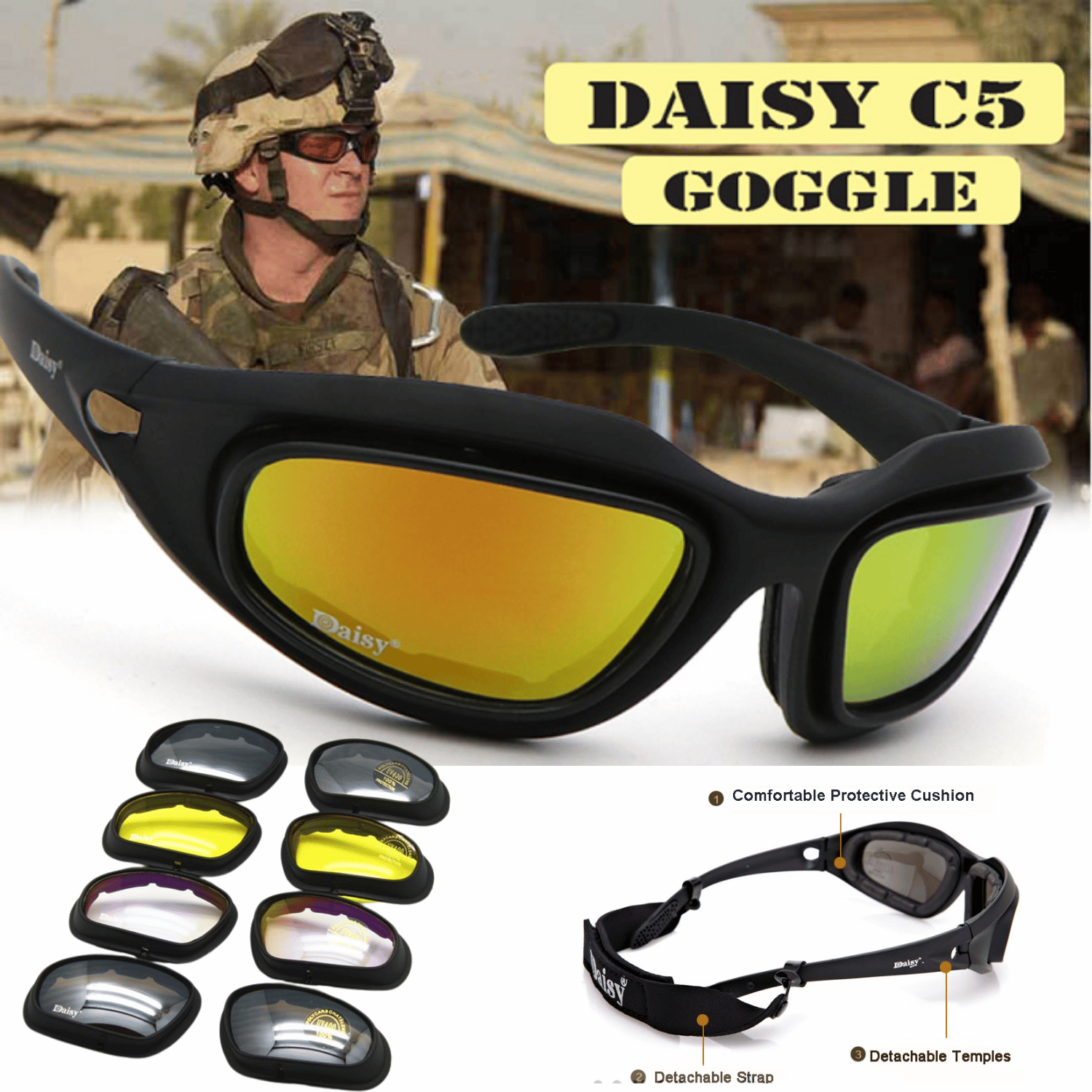 Daisy Tactical 4 Farklı Renk Lensli Çantalı Gözlük / Motorcu Dağcı Asker Gözlüğü