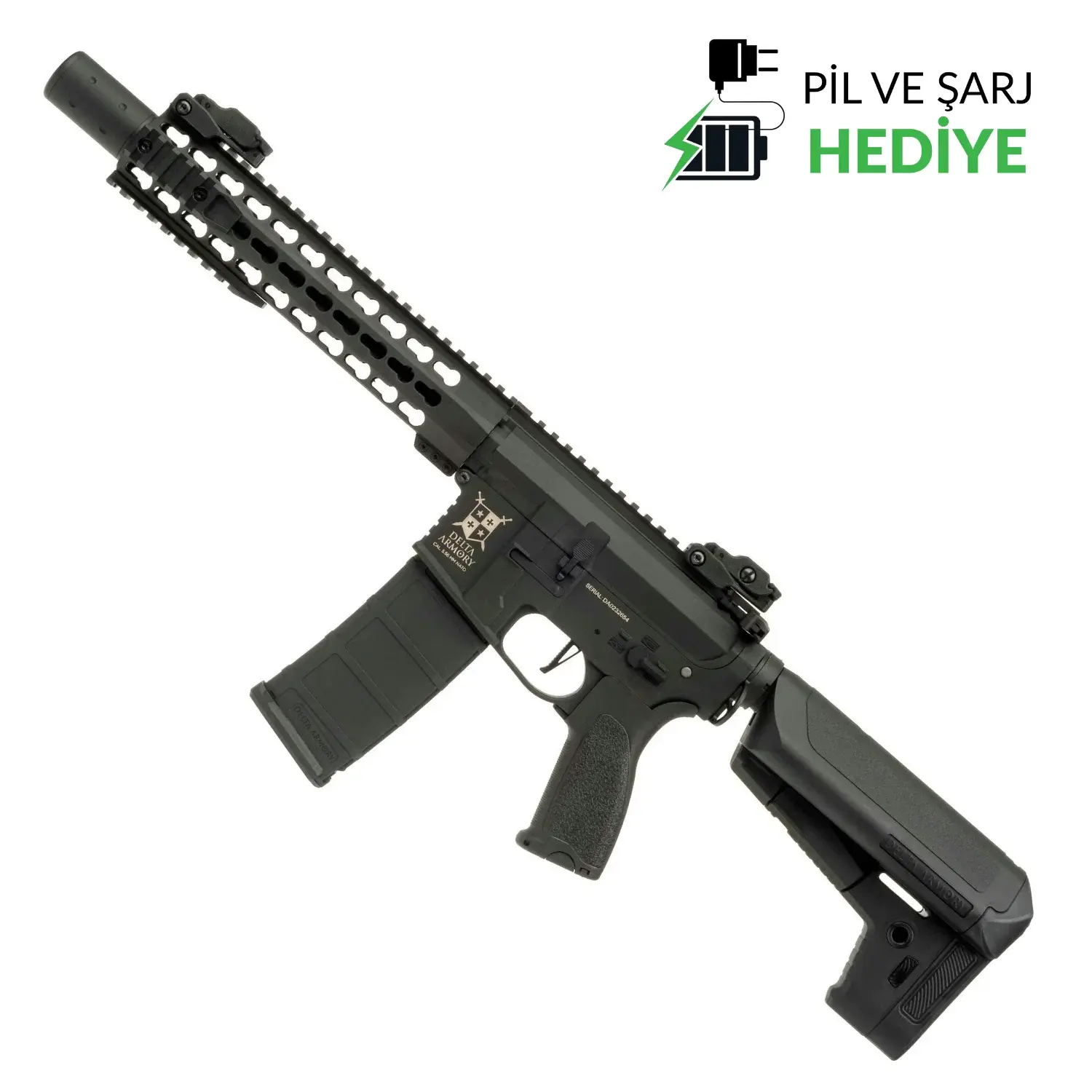 Delta Armory  M4 AR15 KeyMod 10'' PREDATOR Charlie Siyah AEG Airsoft Tüfek / Pil Şarj Setli