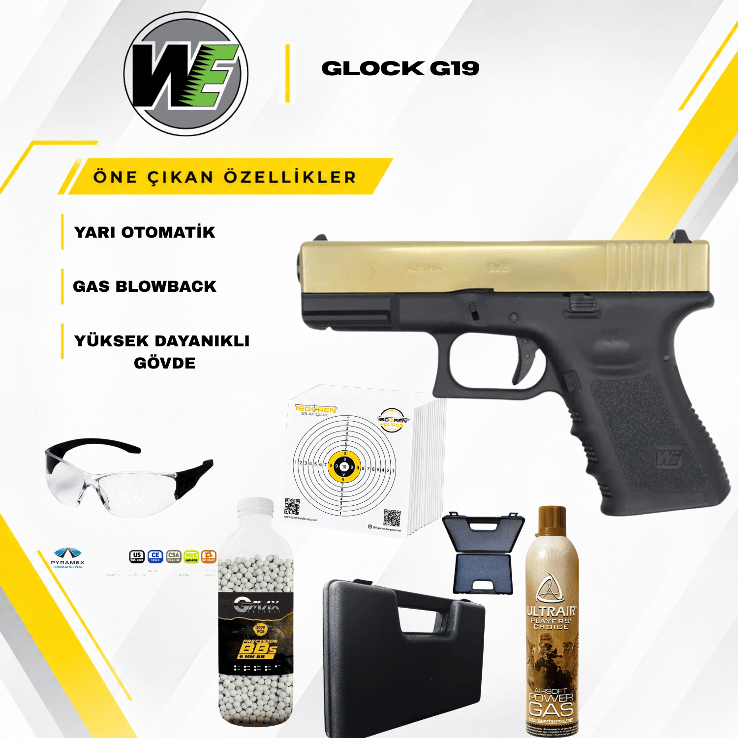 WE Glock G19 GOLD GBB Airsoft Tabanca Seti