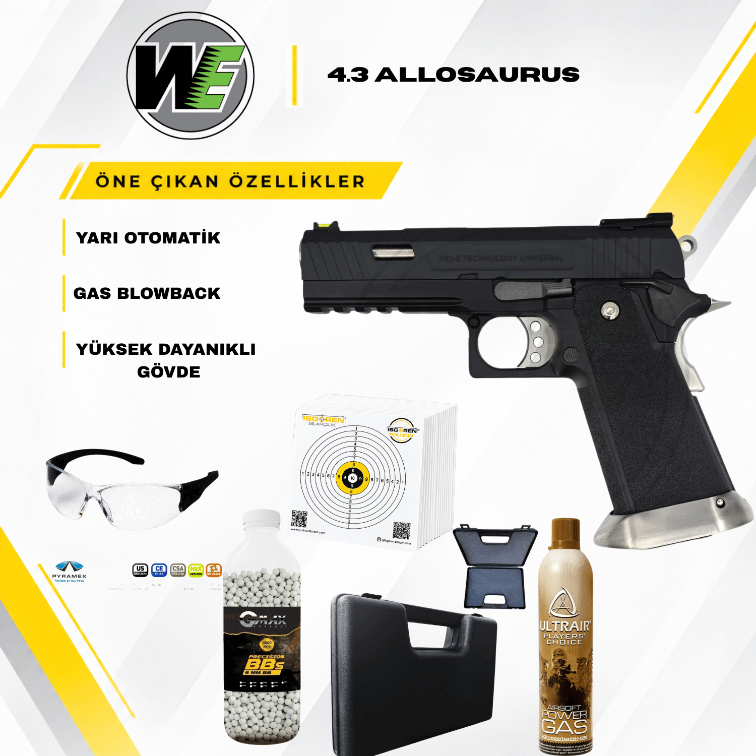 WE 4.3'' Hi-Capa Siyah GBB Airsoft Tabanca Seti