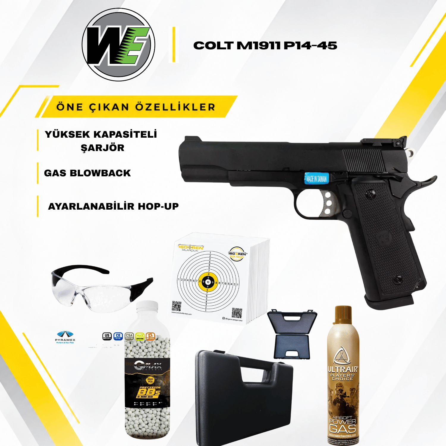 WE Airsoft Colt M1911 P14-45 GasBlowback Airsoft Tabanca Seti